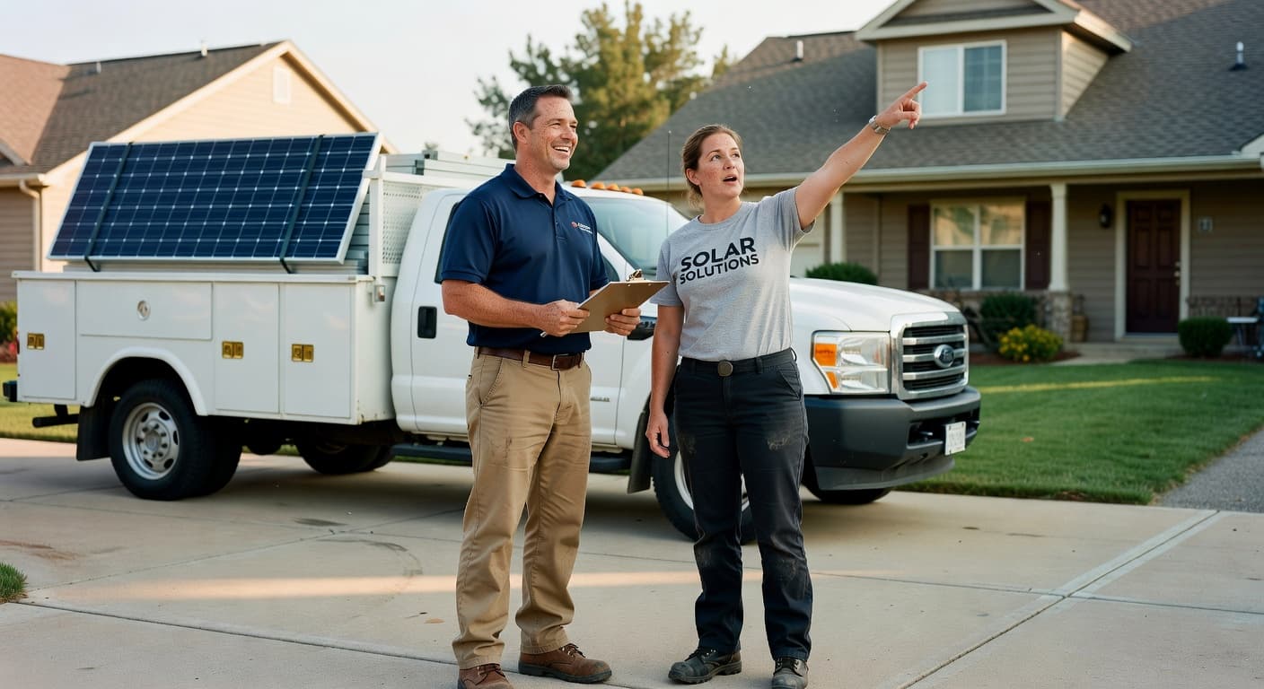 Solar installation team planning a project on-site