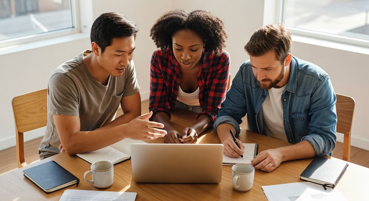 Team members collaborating around a laptop
