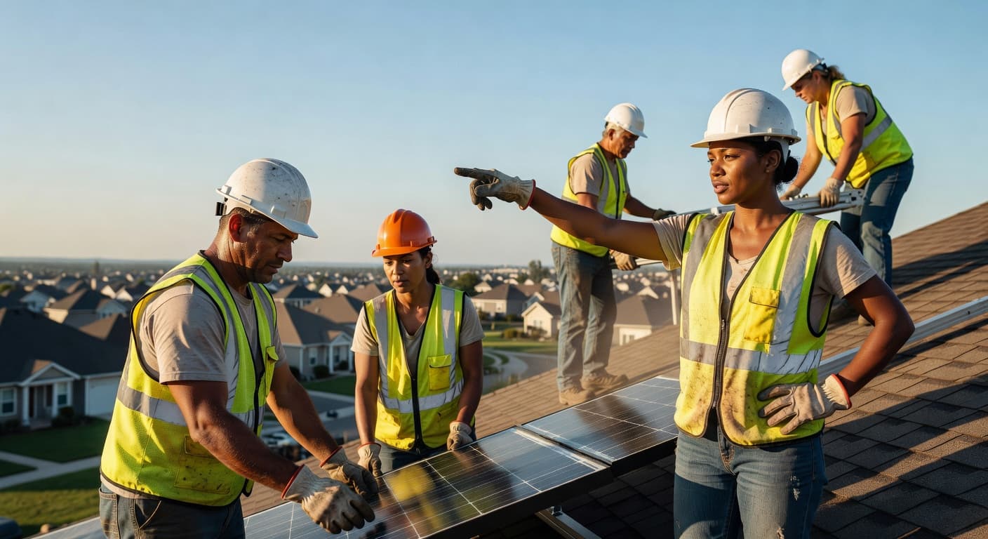 Installation crew working together on rooftop